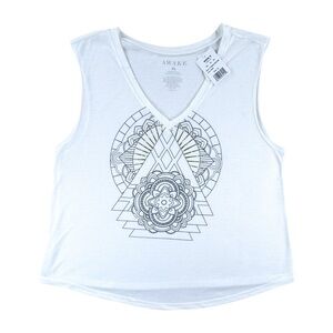 Awake Raw Edge Cutoff Tee XL White Mandala Graphic NWT Boho Style Top